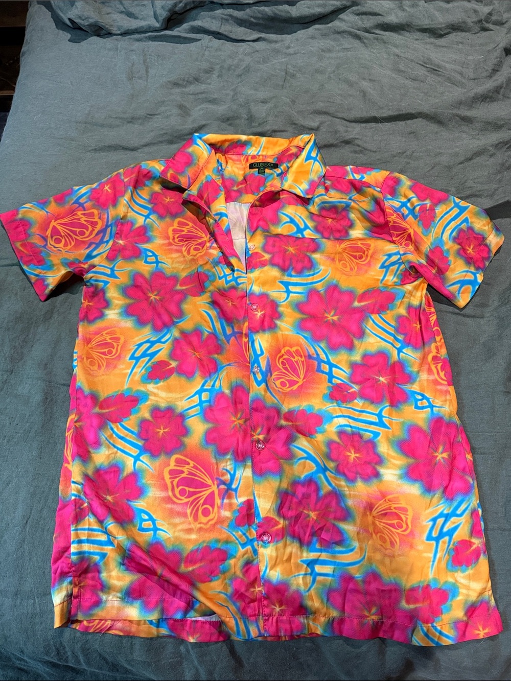 Club exx Vibrant Floral button up Shirt Pink Orange Blooms blue tattoos rave